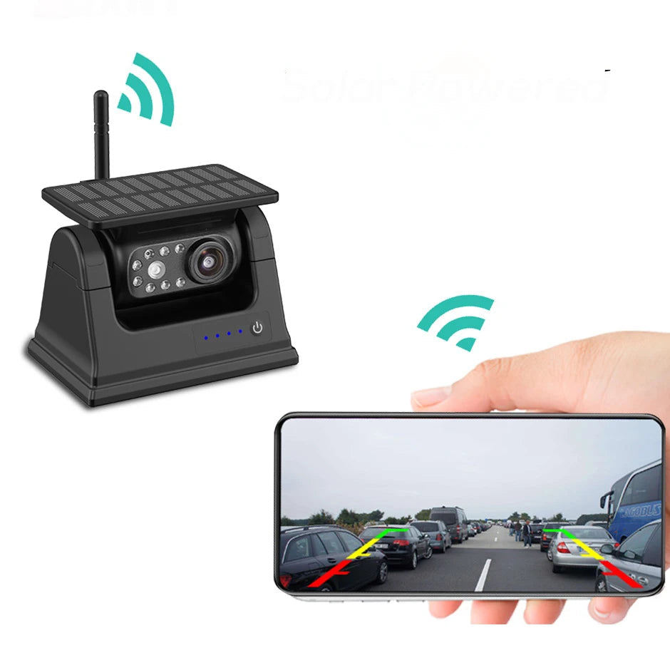 Solar Powered WiFi Magnetic Wireless Rear View Camera for iPhone AndroidRVs Trailers Trucks -1080P IR Night Vision Compatible