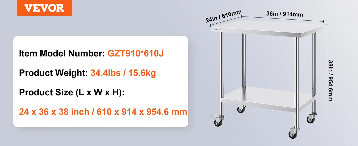 Stainless Steel Work Table with Wheels, Adjustable Shelf, 500 lb Capacity