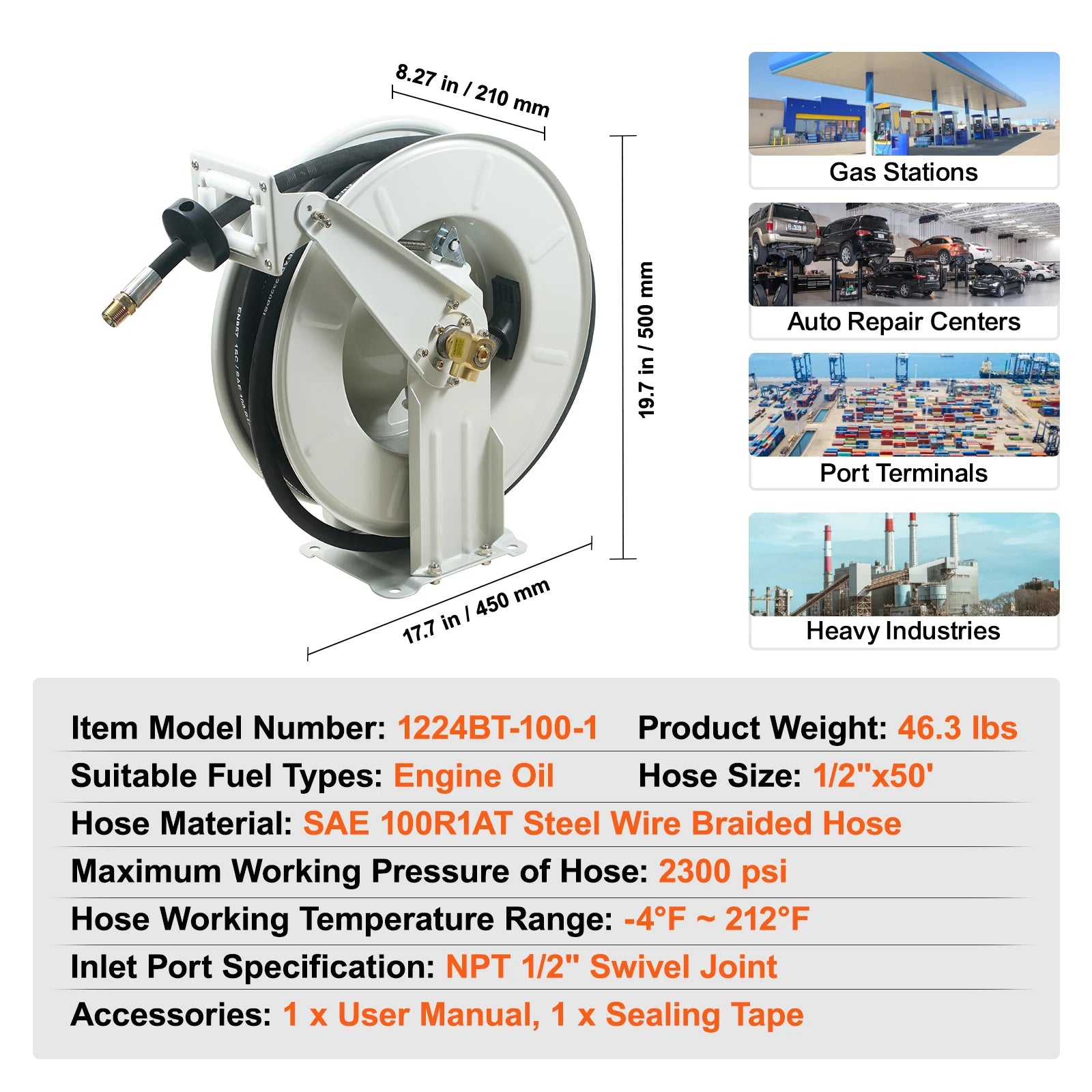 Retractable Fuel Hose Reel with Auto Rewind, 33–66ft Options
