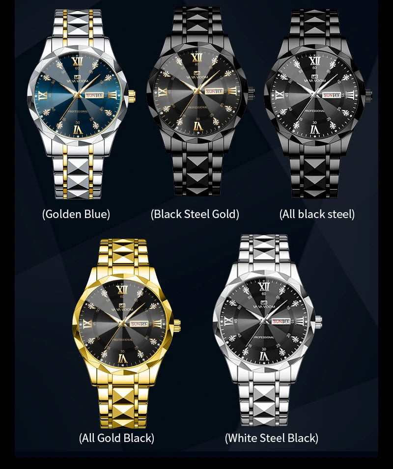 2024 New Men's Watch Fashion Rivet Stainless Steel Strap Luxury Water Diamond Diamond Luminous Blue Gold Dial Business Men Watch