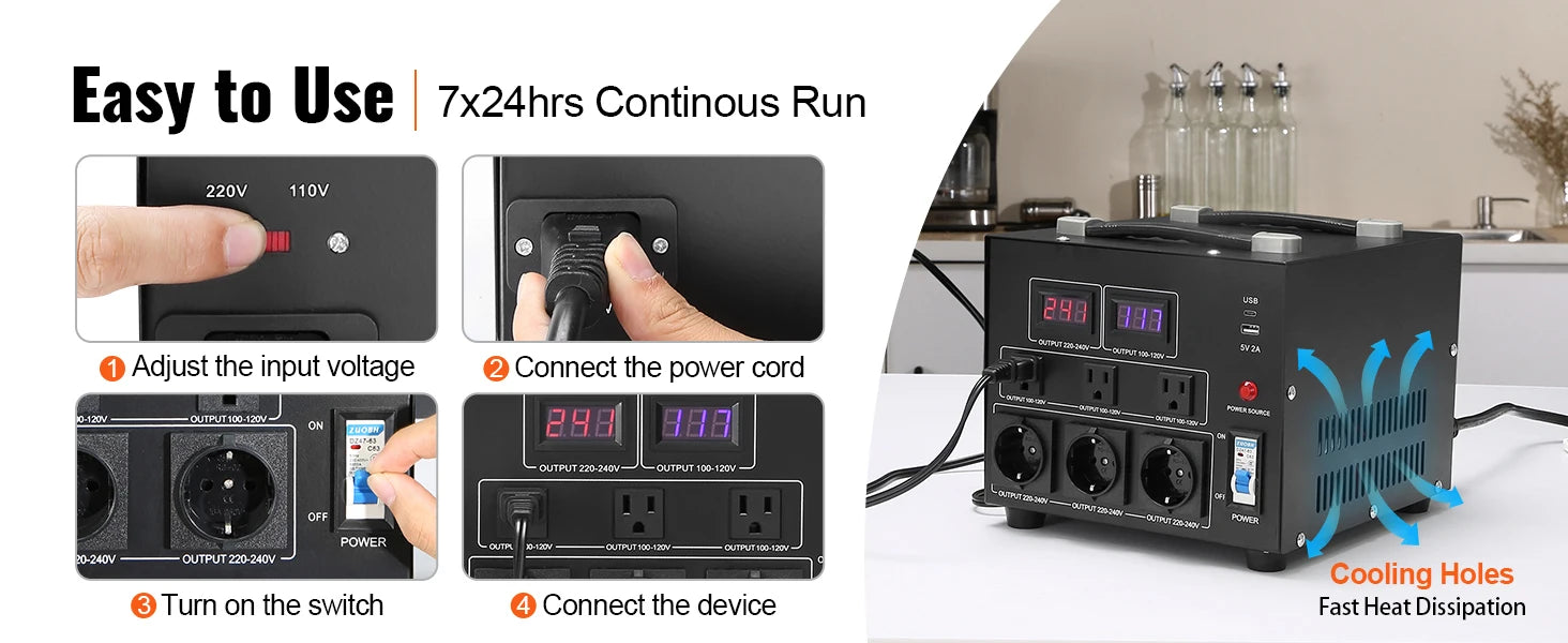 Step Up/Down Spændingsomformer 2000VA–5000VA med USB og Flere Stikudtag