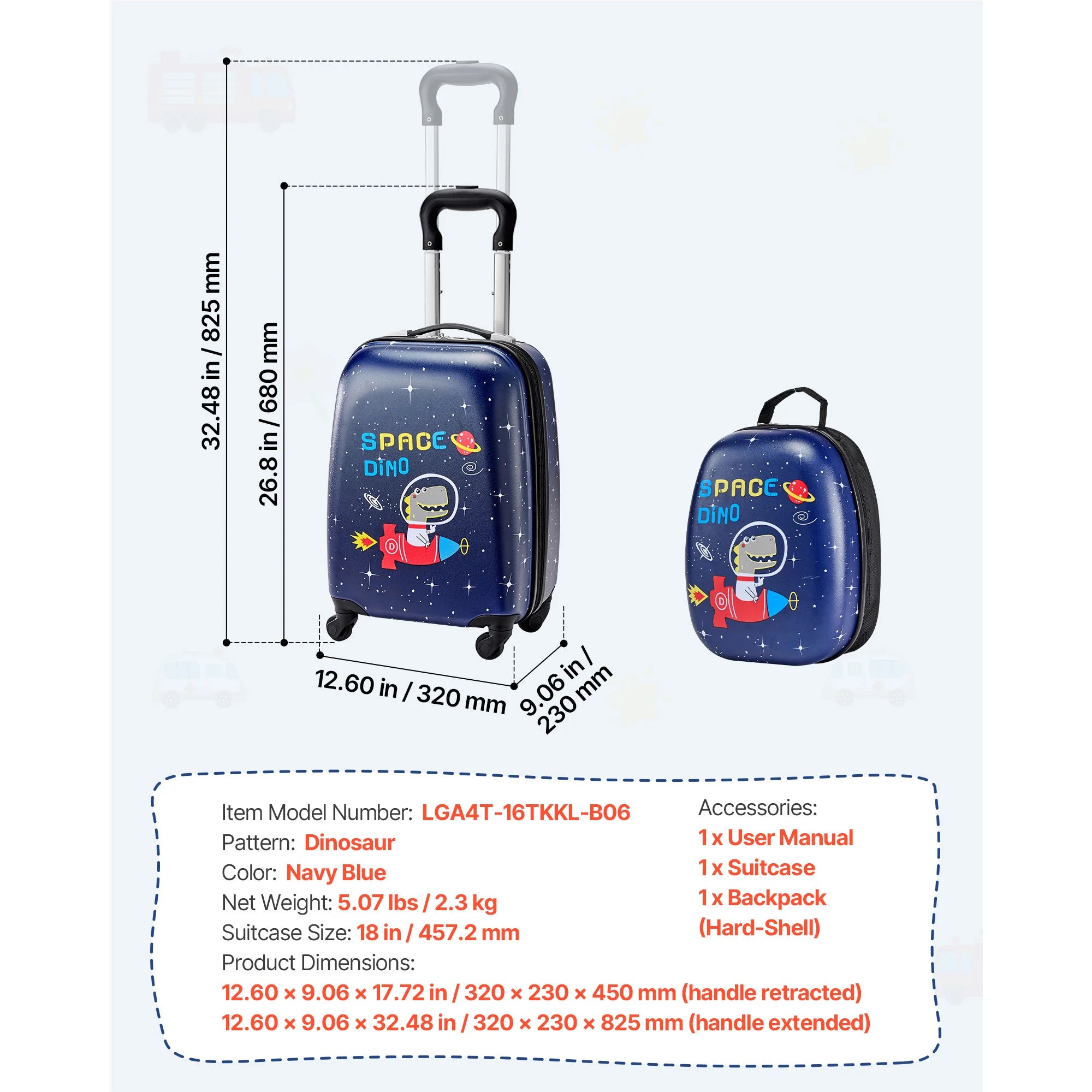 SucceBuy 2pcs Kids Luggage Set with Backpack 18in Rolling Wheels Suitcase Kids Carry on Luggage for Girls & Boys Travel Suitcase