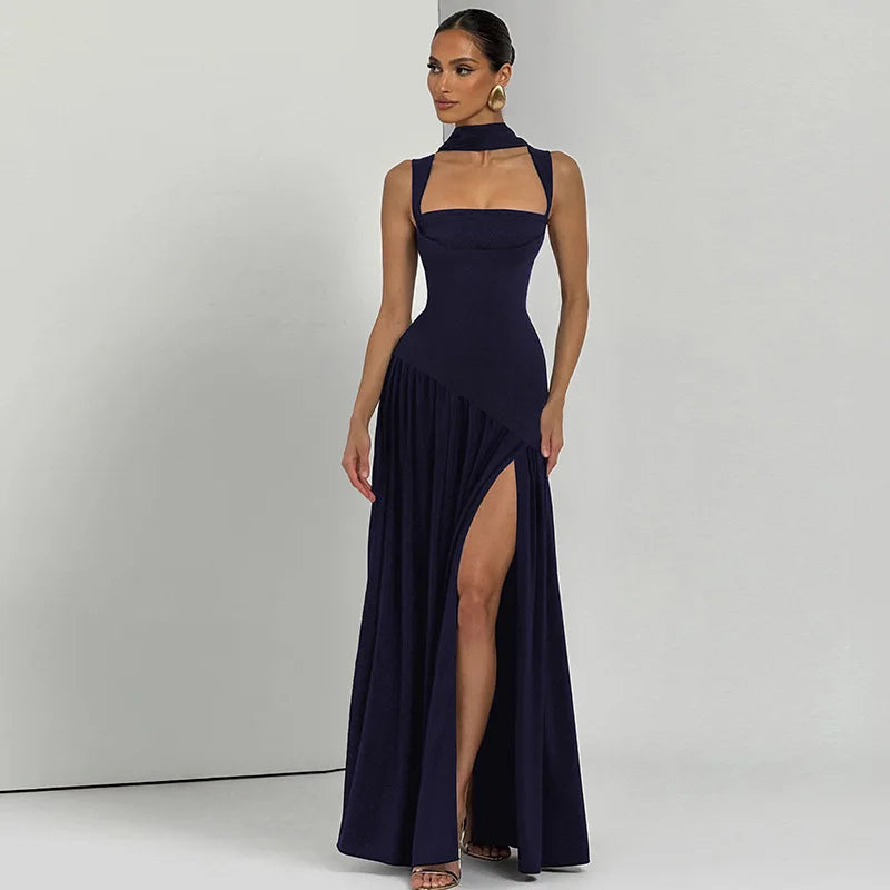 Elegant Sleeveless High Waist Slit Dress with Belted Sash