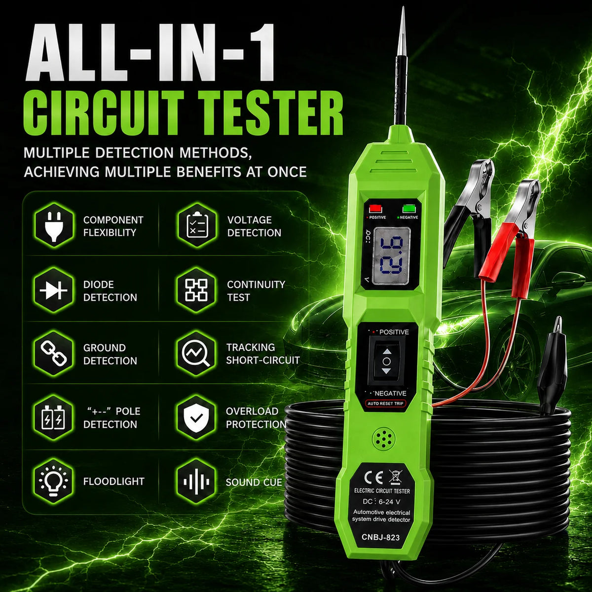 Smart Car Circuit Tester 823, s LED zobrazením napätia - napájanie USB, kompatibilné s vozidlami 3,5–36 V DC