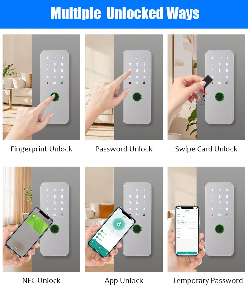 Nueva cerradura de puerta con huella digital y contraseña, desbloqueo por huella y por contraseña, diseño de cerradura oculta sin agujero, control remoto invisible con 2 mandos a distancia y 2 tarjetas deslizables