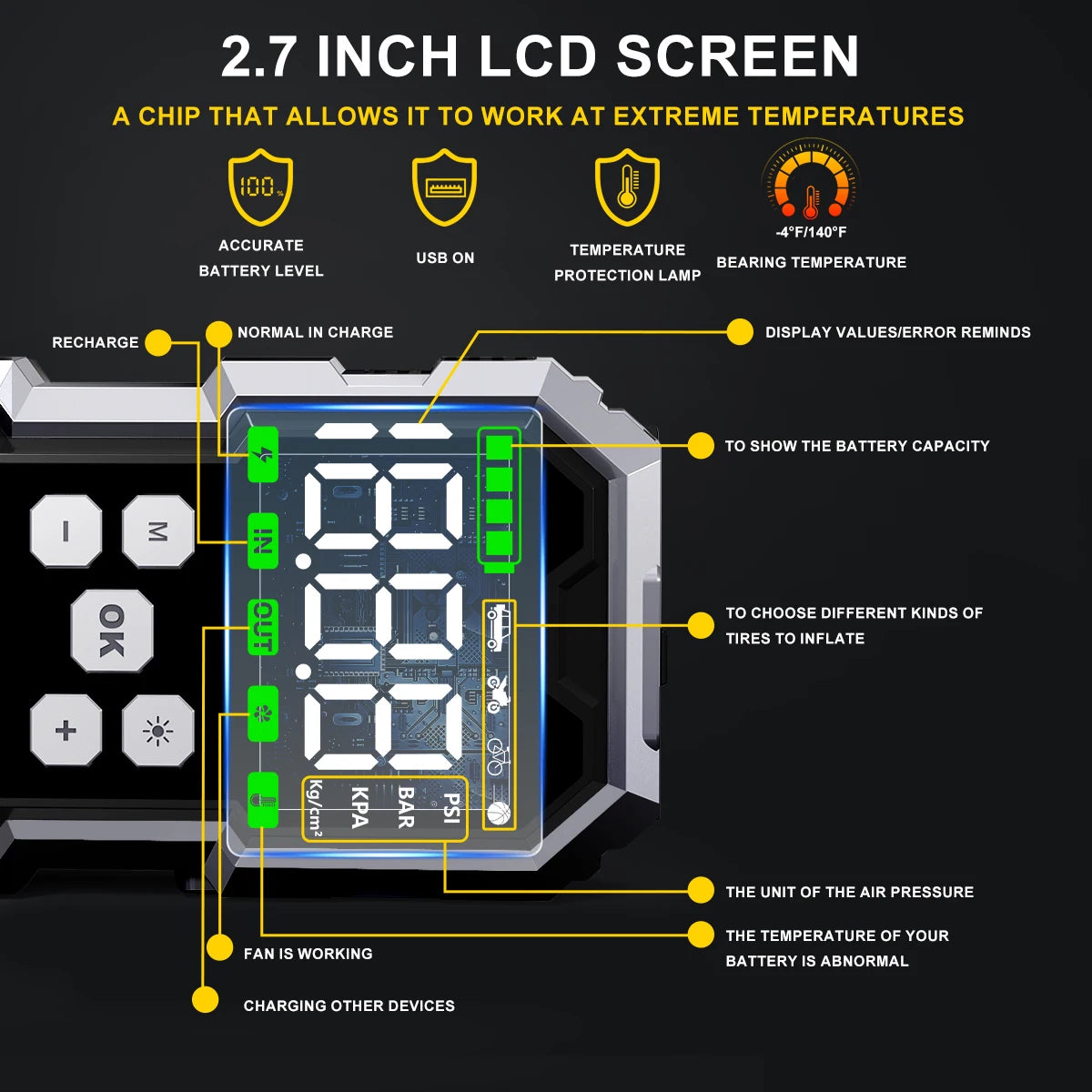 Auton hätäkäynnistysvirtalähde ilmapumpulla ja rengaspumpulla