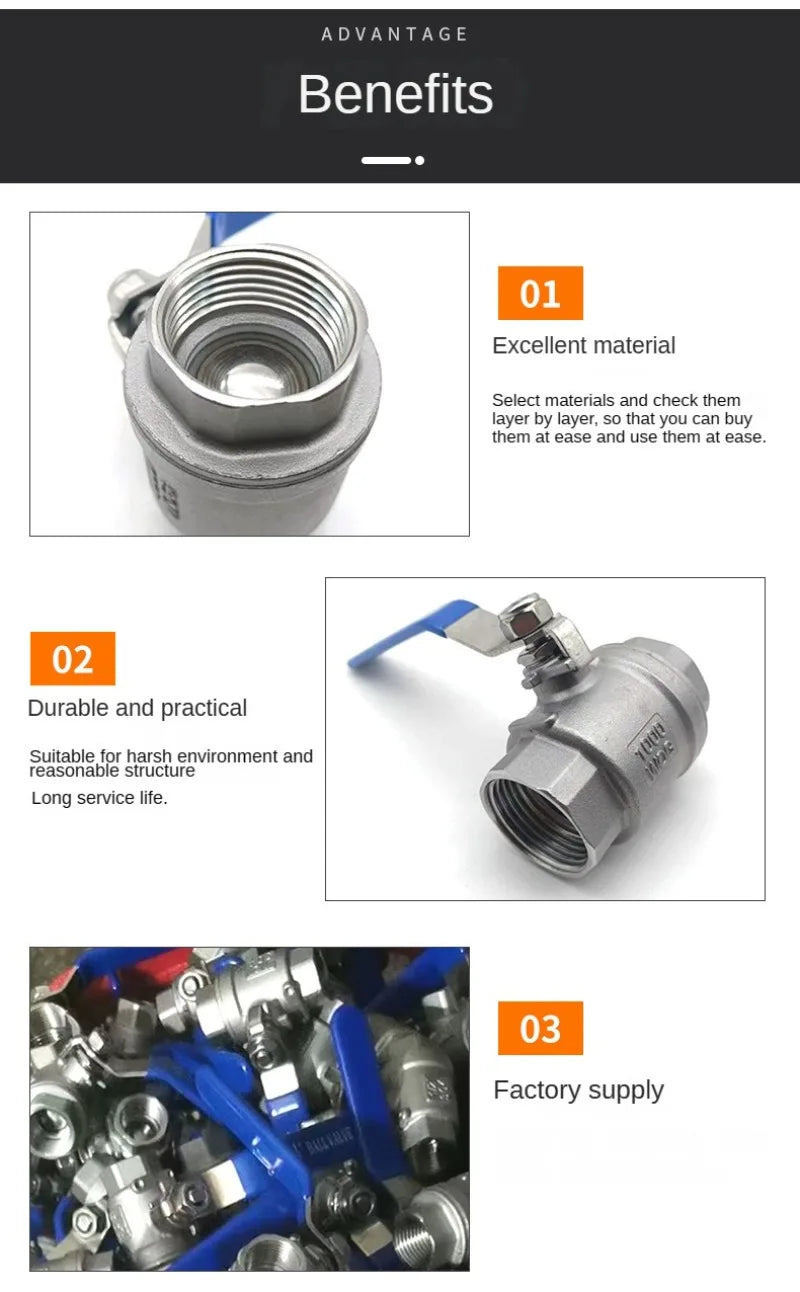 Valvola a sfera in acciaio inox con design a passaggio totale e maniglia in vinile