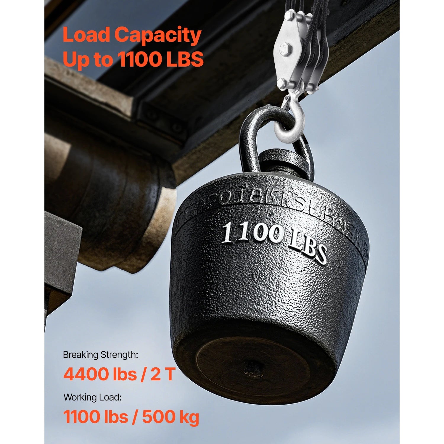 1100 lbs Manual Pulley Hoist with 100ft Rope & 5:1 Lifting Power
