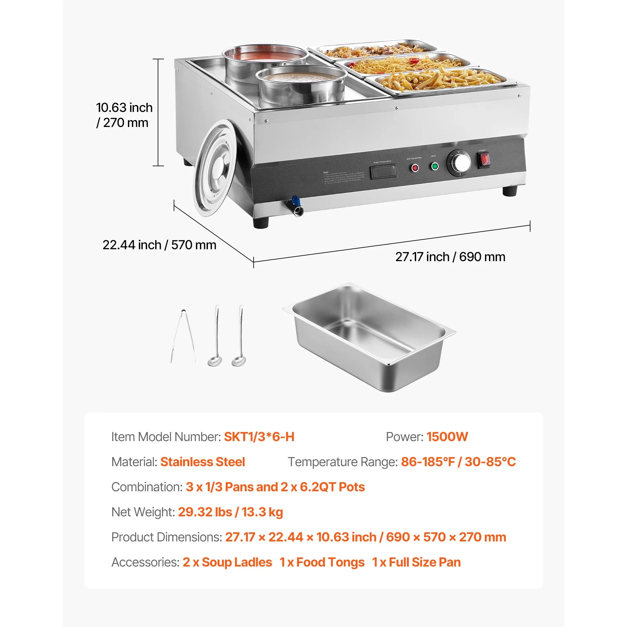 Electric Soup Warmer Bain Marie 1500W with Pots & Pans Set