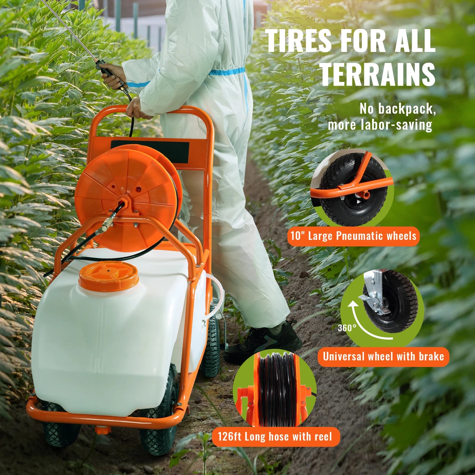 Pompe à lessive powered par batterie de 15 gal agricole à gâchette avec chariot à roues, tuyau de 126 pieds avec enrouleur, 8 gicleurs, 2 manches avec verrouillage pour cultures