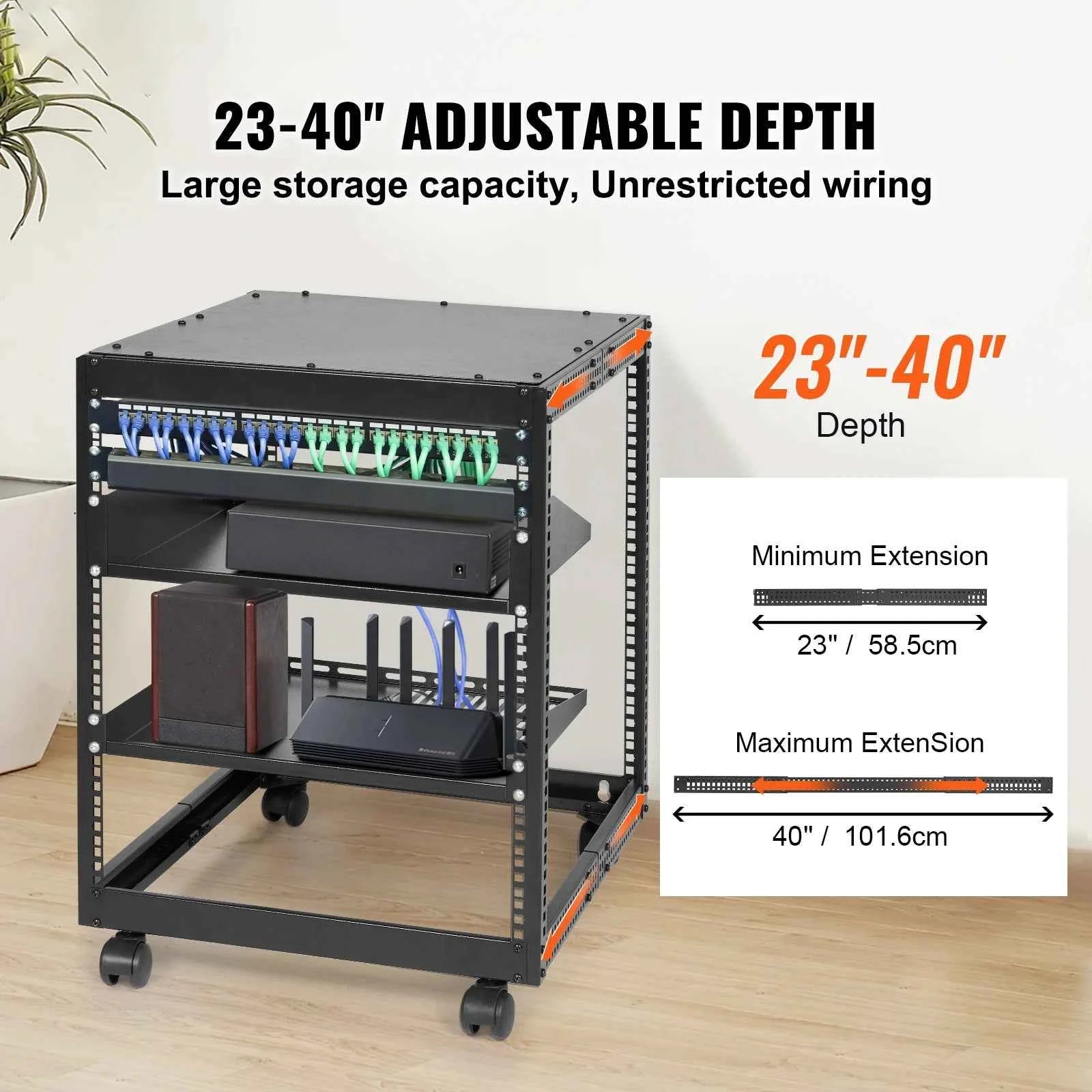 VEVOR Open Frame Server Rack 12U Floor Standing or Wall Mounted 4 Post AV Rack with Adjustable Depth for Microdata Center Office