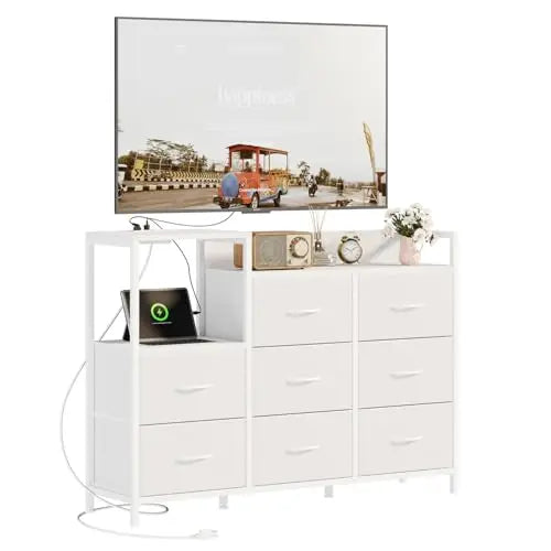 Modern TV Stand with 9 Fabric Drawers & Metal Frame Storage