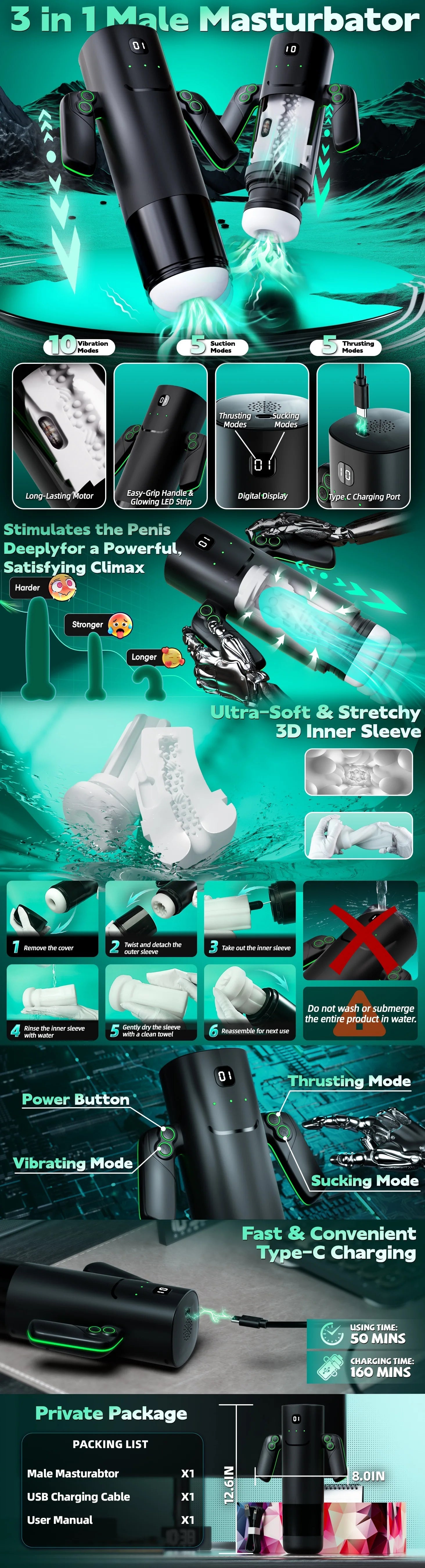 KUSHOR Automatic Thrusting Sucking Male Masturbator with Handle Double Layer Masturbation Cup Pocket Pussy Adult Toy for Men