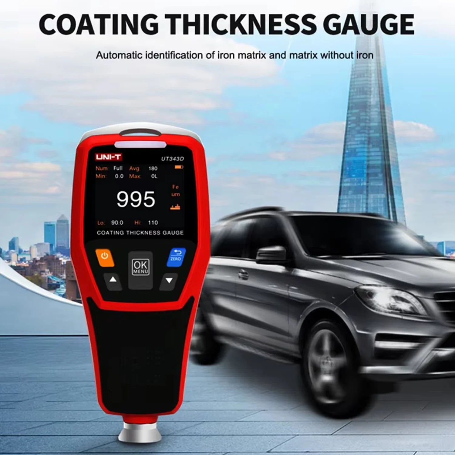 UNI-T UT343D Coating Thickness Gauge 0.1 Micron/0-1250um Automotive Paint Film Thickness Tester To Measure FE/NFE Paint Tools