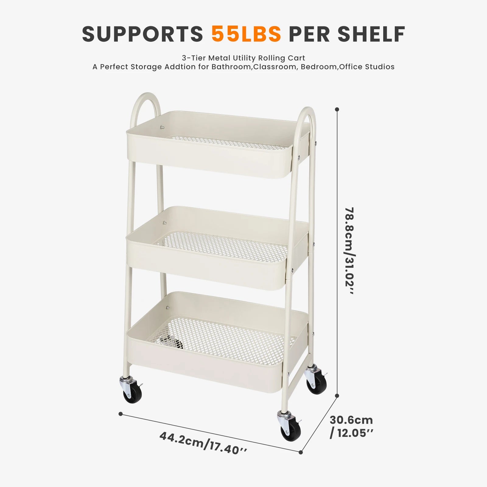 3-Tier Rolling Storage Cart with Lockable Wheels for Small Spaces