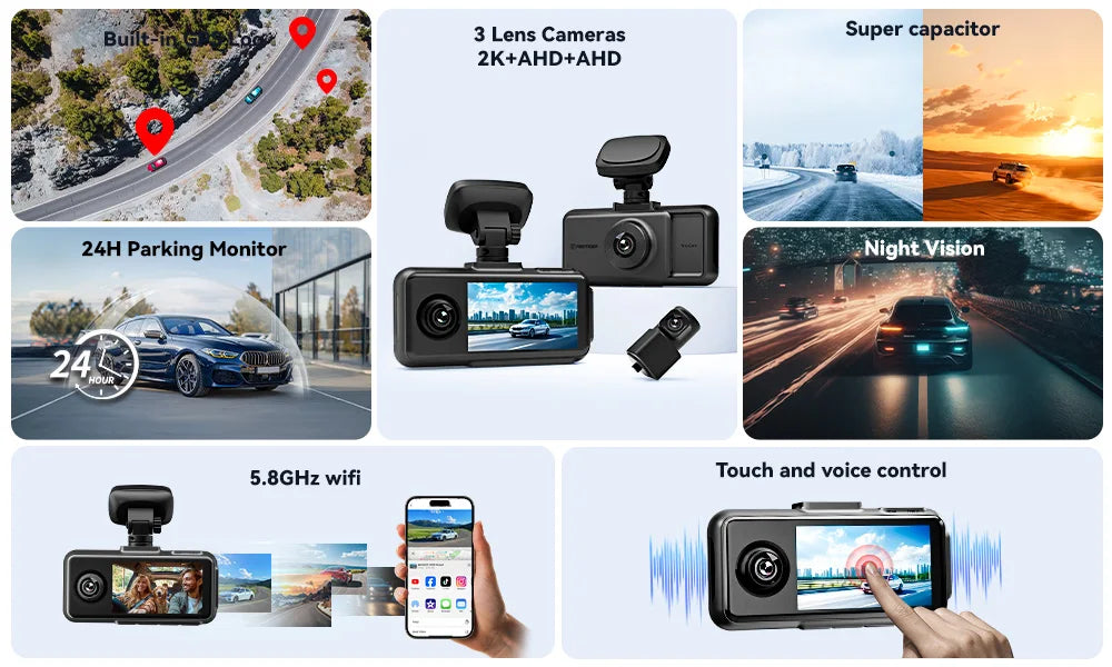 REDTIGER A6 4K 3-Channel Dash Cam with GPS and WiFi
