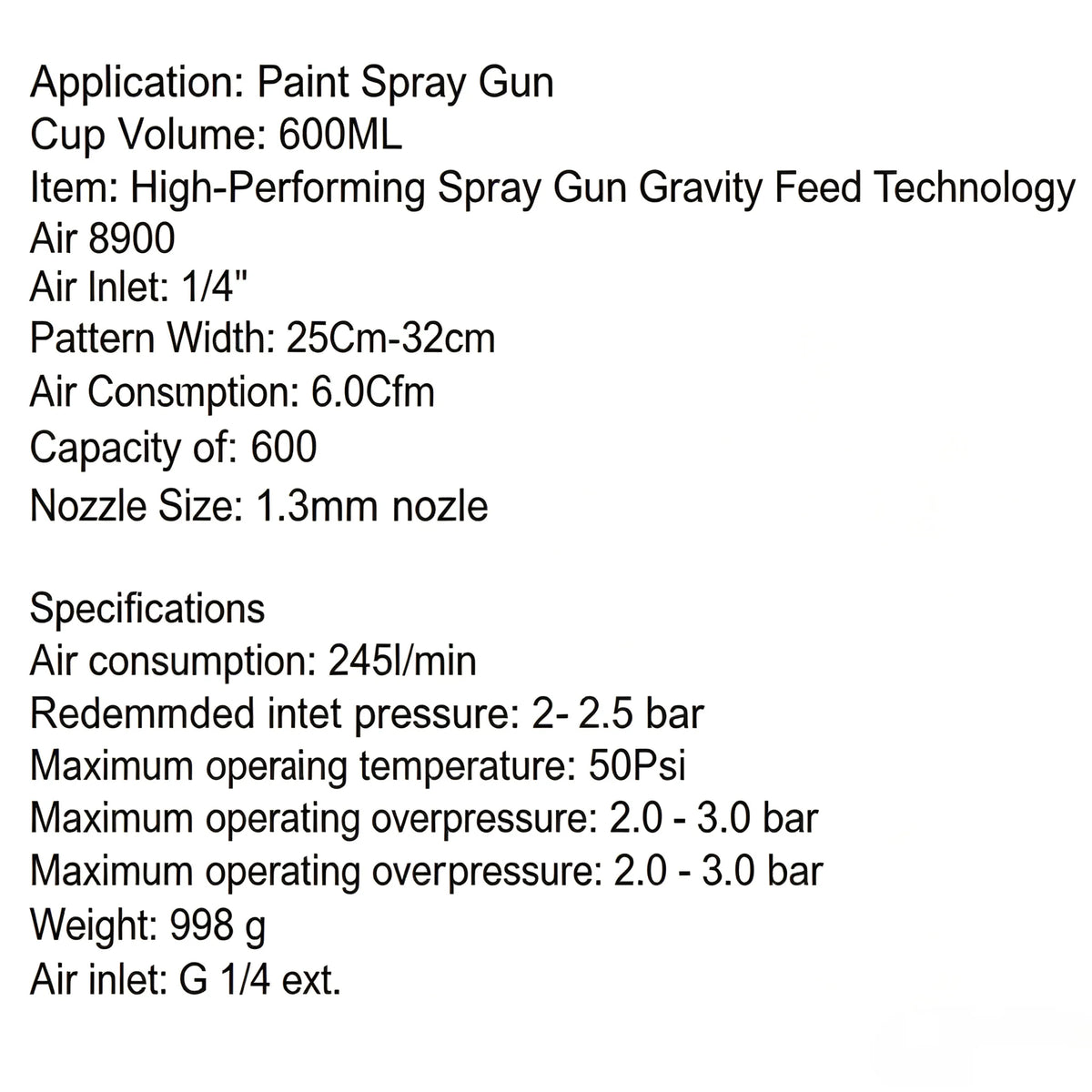 Advanced Air Spray Gun Set, Easy to Use, Suitable for Car and Home DIY Painting, 1.3mm Nozzle, 600cc Paint Cup Spray Gun