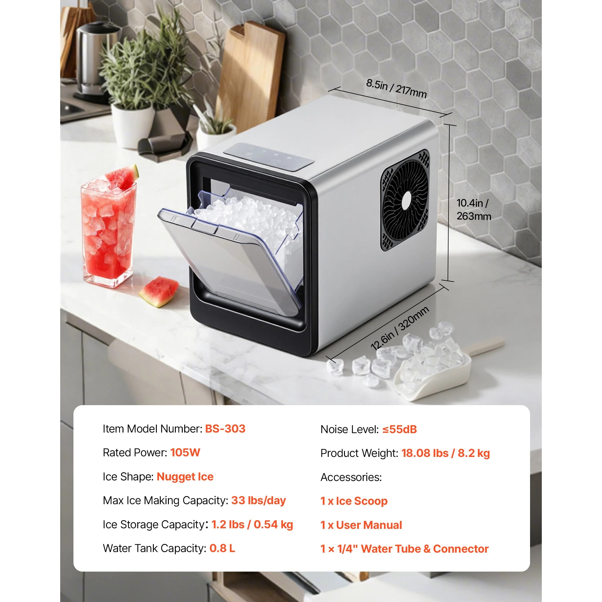 Countertop Nugget Ice Maker 33–44 lbs/Day with Self-Cleaning