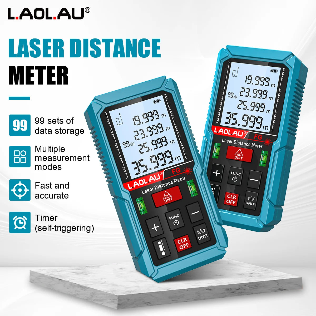 Laser Distance Meter with Timer and Bubble Levels