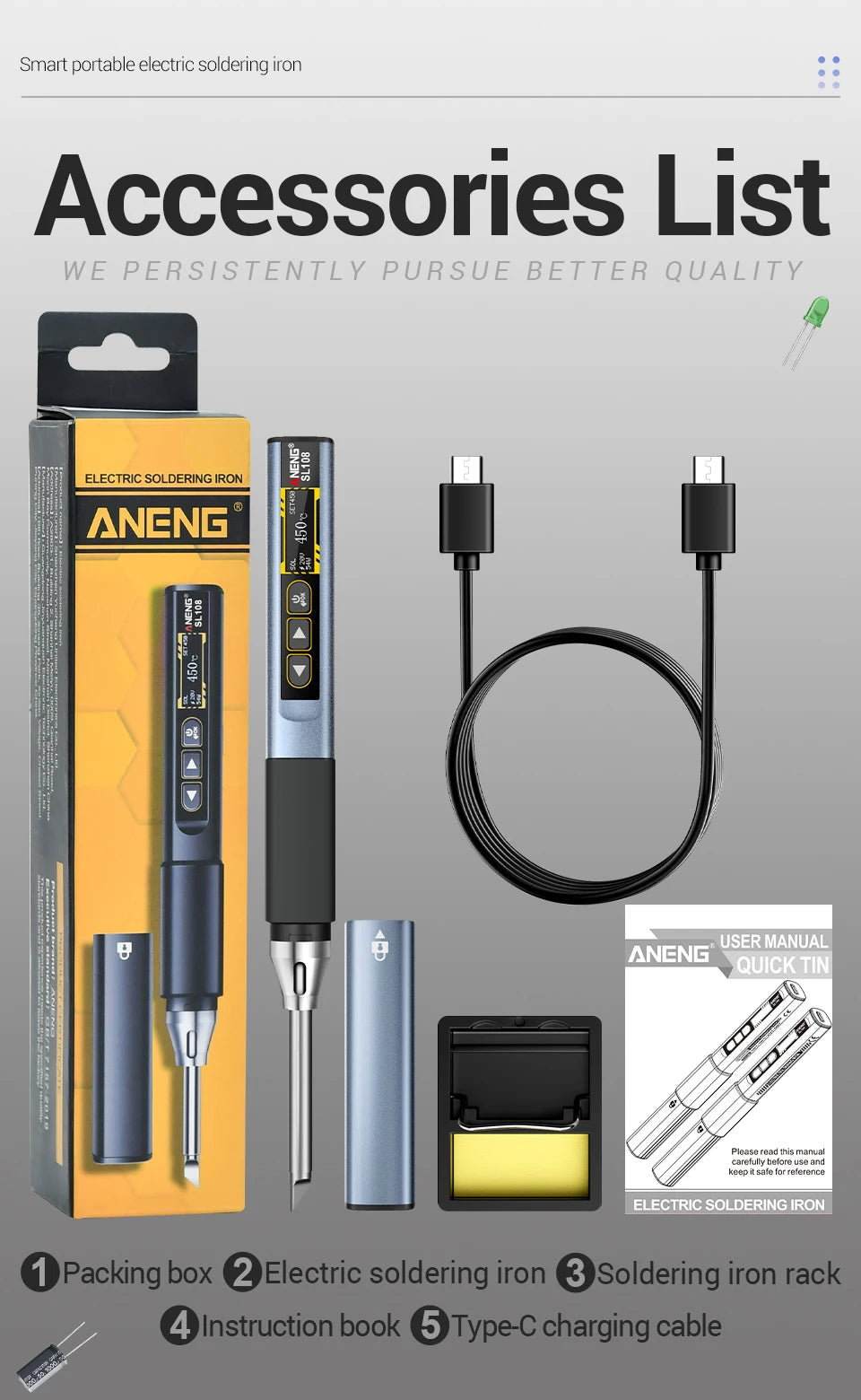 ANENG SL108 Electric Soldering Irons kit PD 96W QC Adjustable Temperature Fast Heat Portable Digital Smart Soldering Iron Tools