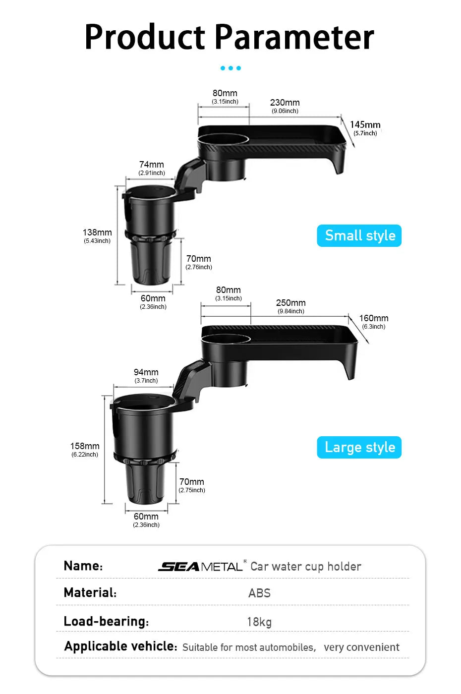 SEAMETAL Premium Car Cup Holder Expander Multi-Function Drink Holder with Food Table 360-Degree Adjustable Base Tray for Snack