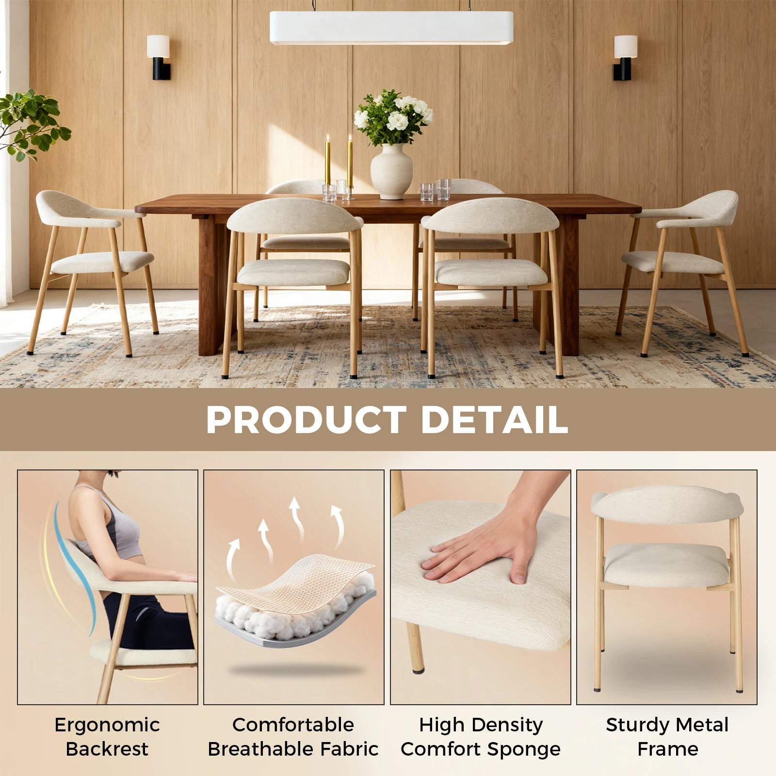 Modern Linen Upholstered Dining Chairs Set of 2 with Curved Back