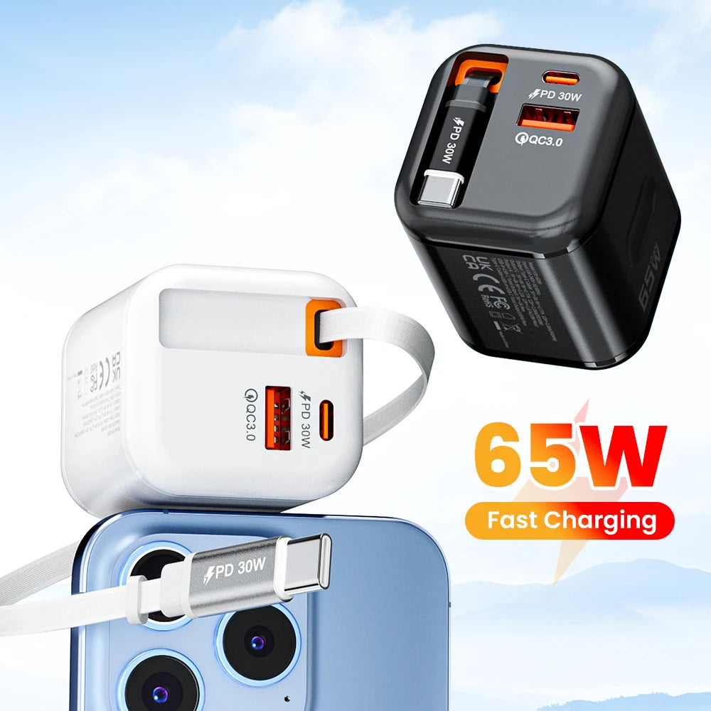 USB Wall Charger with Retractable USB-C Cable