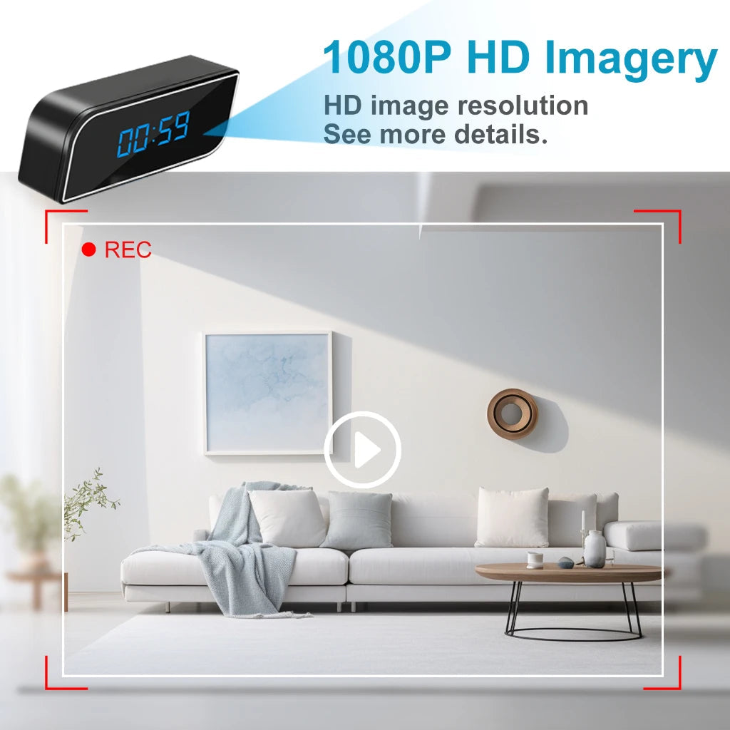 1080P full HD mini clock camera, wireless WiFi, night vision, motion detection, home security monitoring