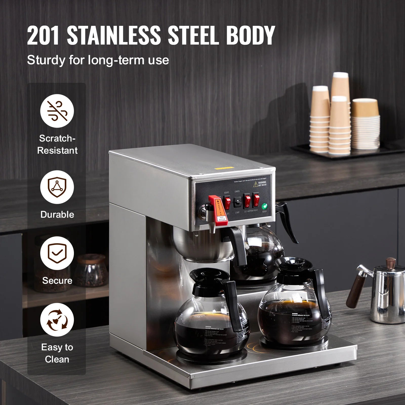 12-Cup Commercial Drip Coffee Maker with 3 Glass Carafes and 3 Warming Plates