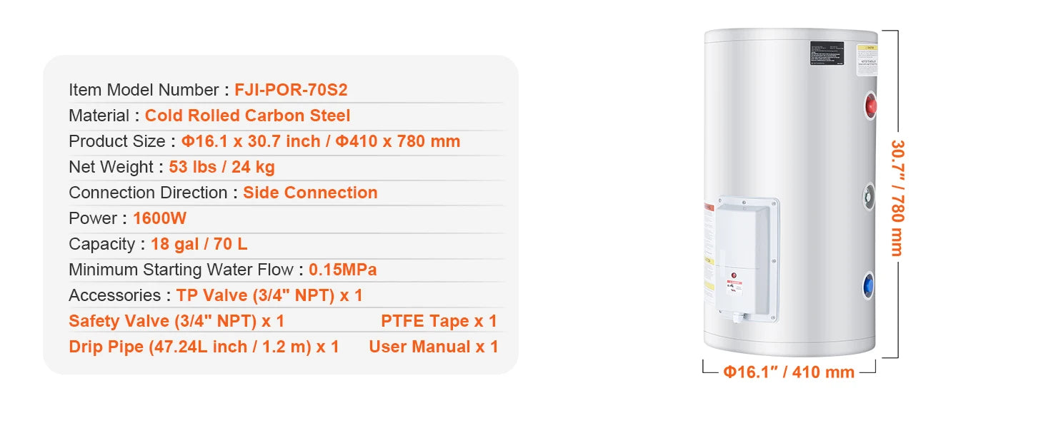 Chauffe-eau électrique 70L avec écran LED et contrôle de la température