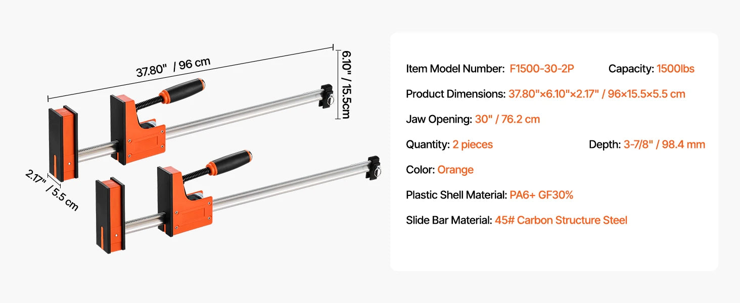 SucceBuy bøjle-klemmer 2 stk. 50" parallelle klemmer sæt F-klemme med belastningsgrænse 1100 lbs højstyrke plast og kulstofstål træklamp