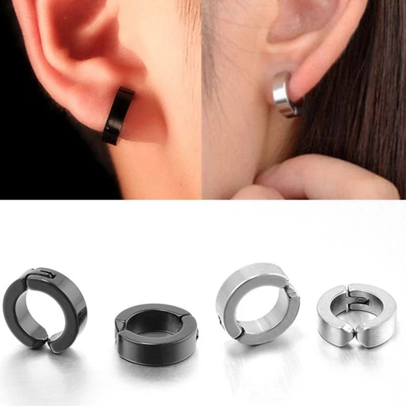 2 Pcs Classic Korean Punk Stainless Steel Ear Clip Earrings for Men Women Black No Pierced Fake Ear Circle New Pop Jewelry