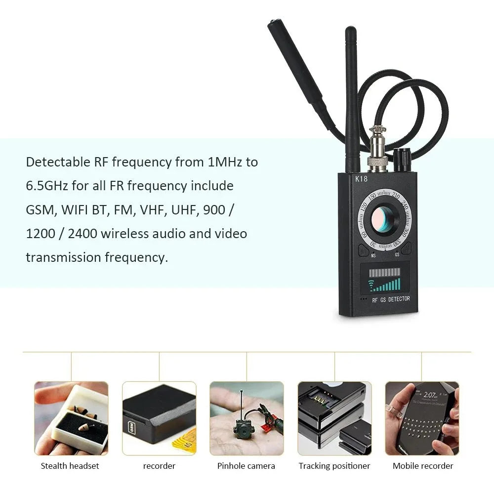 K18 Multi-function Anti-Candid Camera Wireless Lens Device Finder 1MHz-6.5GHz GSM Audio Bug GPS Signal RF Spy Tracker Detect