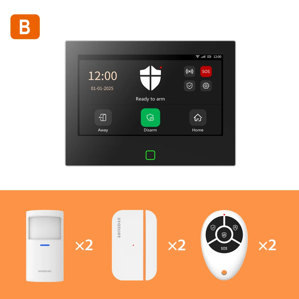 Staniot Alarm System 7-inch Touch Screen 4G Smart 433Mhz WiFi Home Alarm Remote Control Wireless Smoke Detector Security System