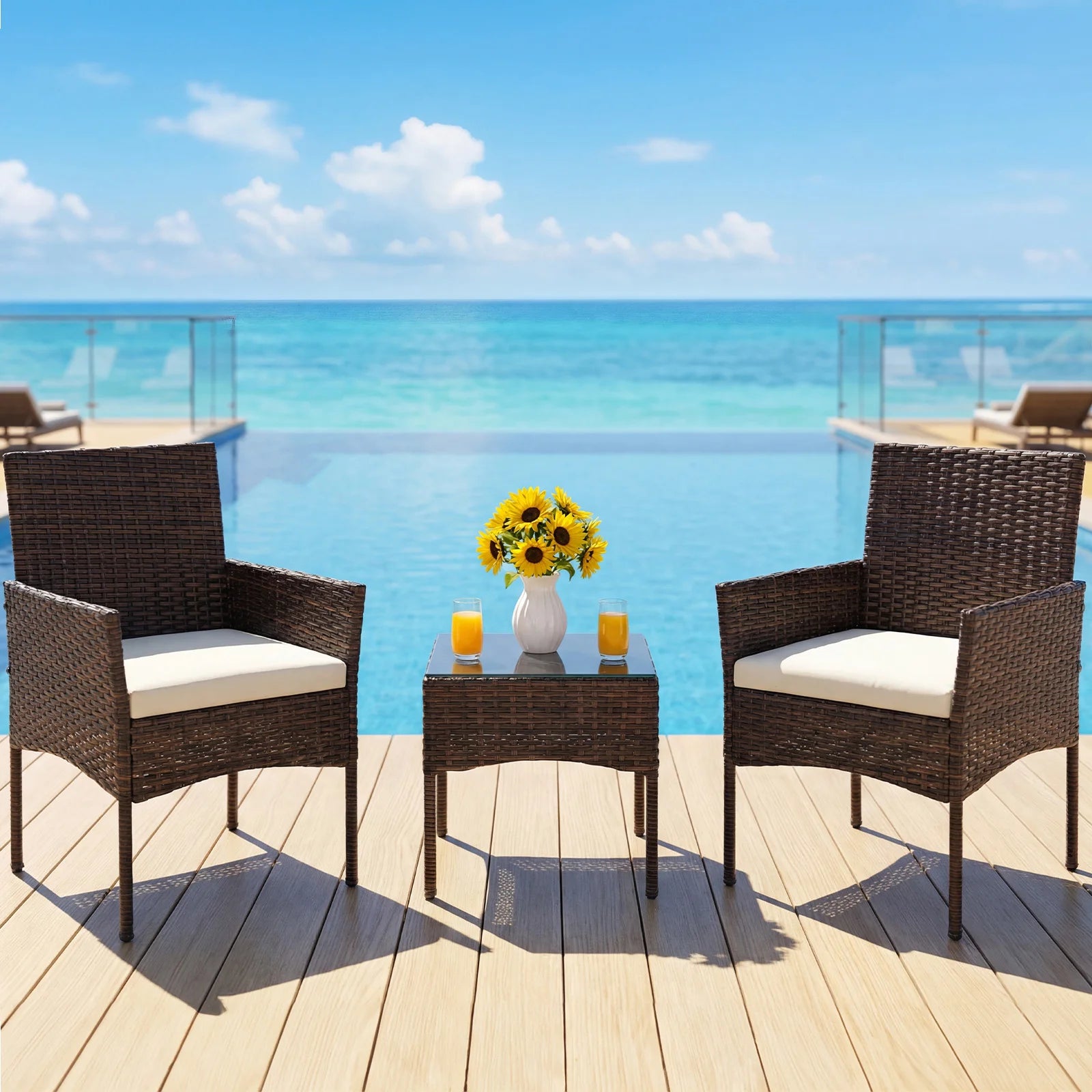 Set da giardino in rattan 3 pezzi con cuscini e tavolo in vetro