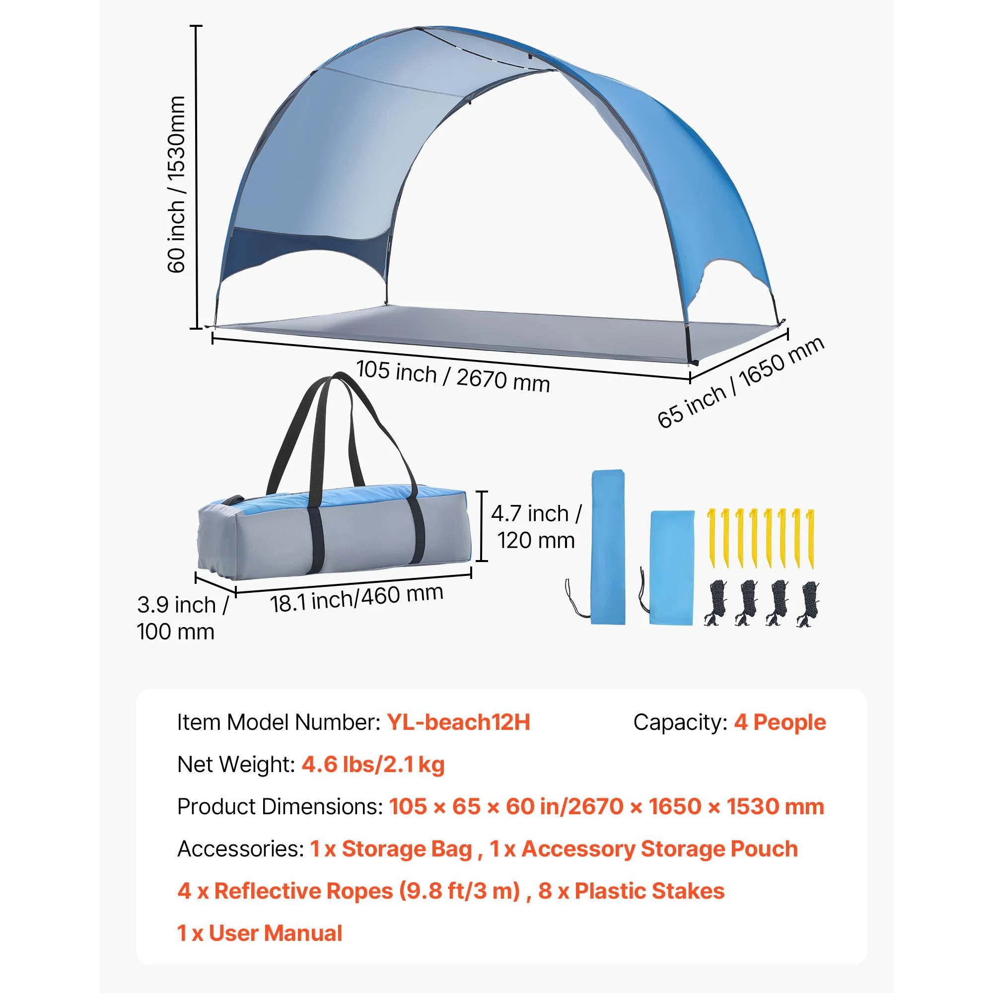 SucceBuy Strandtelt Solskærm til 3/4 person UPF 50+ beskyttelse Portabelt solskærm canopy til camping, fiskeri, udendørs, picnic