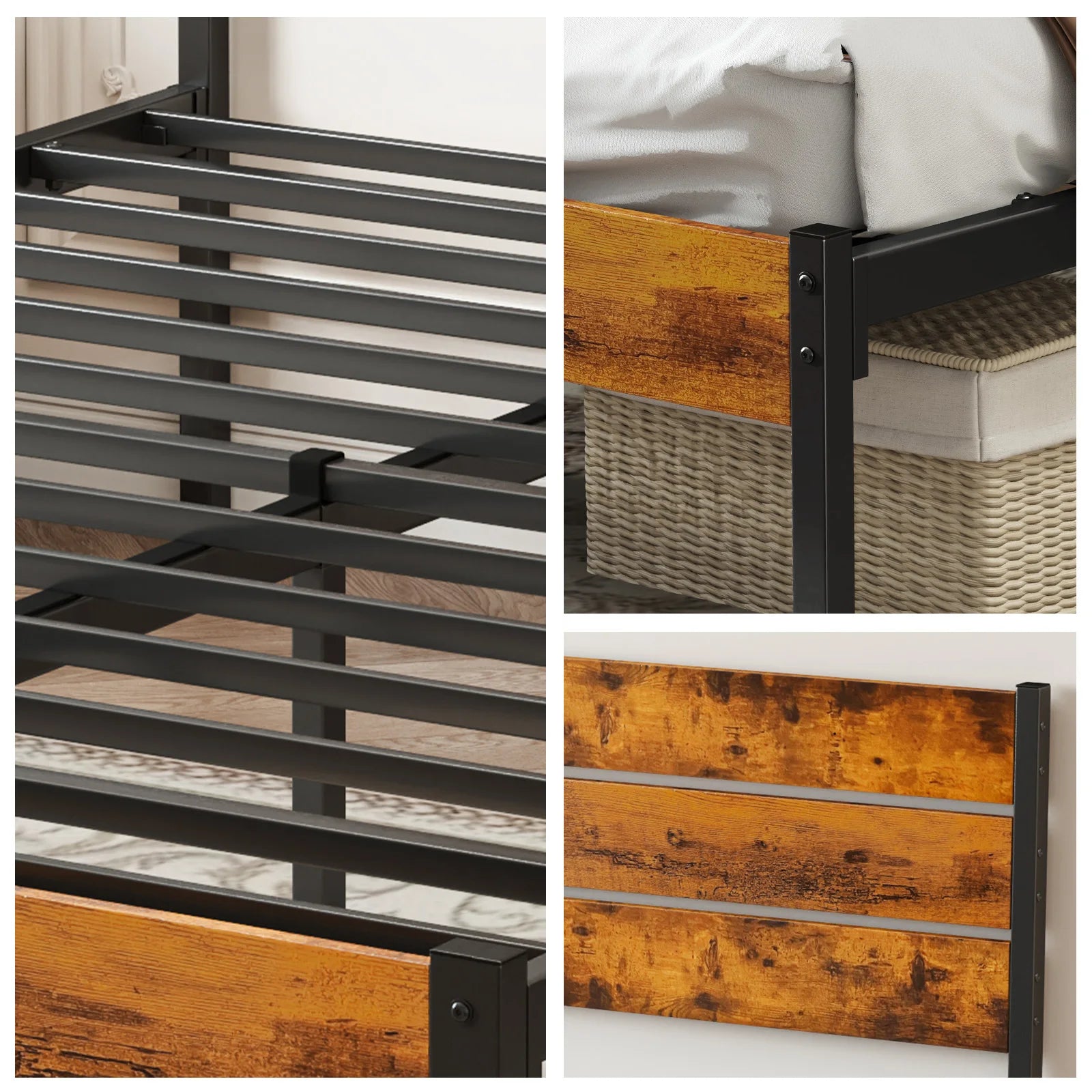 Queen Size Metal Platform Bed Frame with Storage Space & Headboard