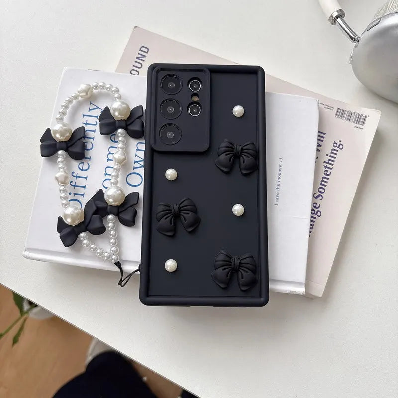 Bow Tie Pearl Chain Phone Case for Xiaomi, Soft Silicone
