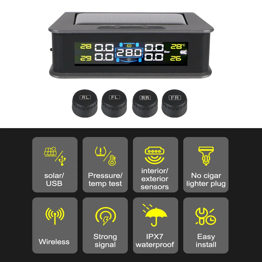 Solar TPMS Tire Pressure Monitoring System with External Sensors