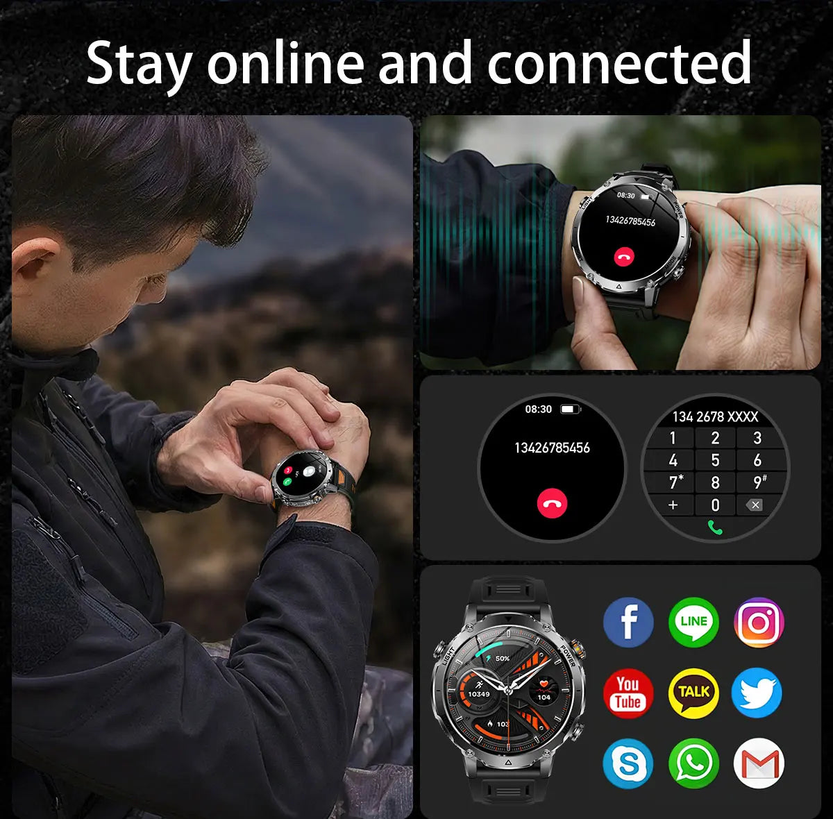 Външно Bluetooth обадно смарт часовник с LED фенер