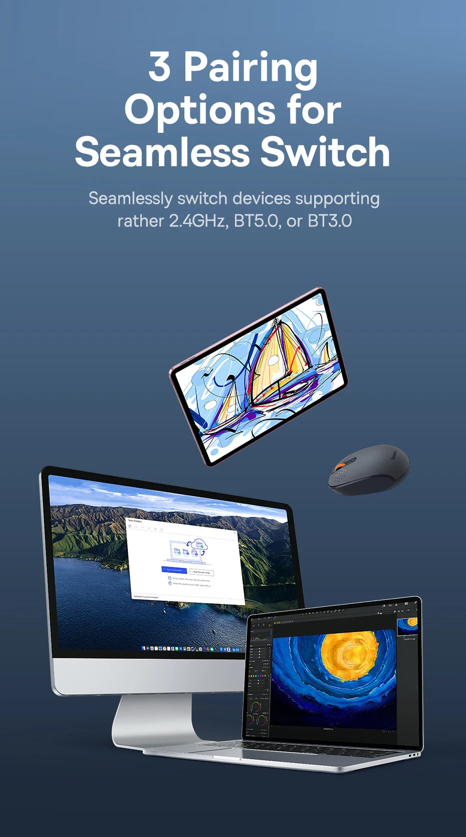 Wireless Bluetooth Mouse with Silent Clicks & Tri-Mode Connection