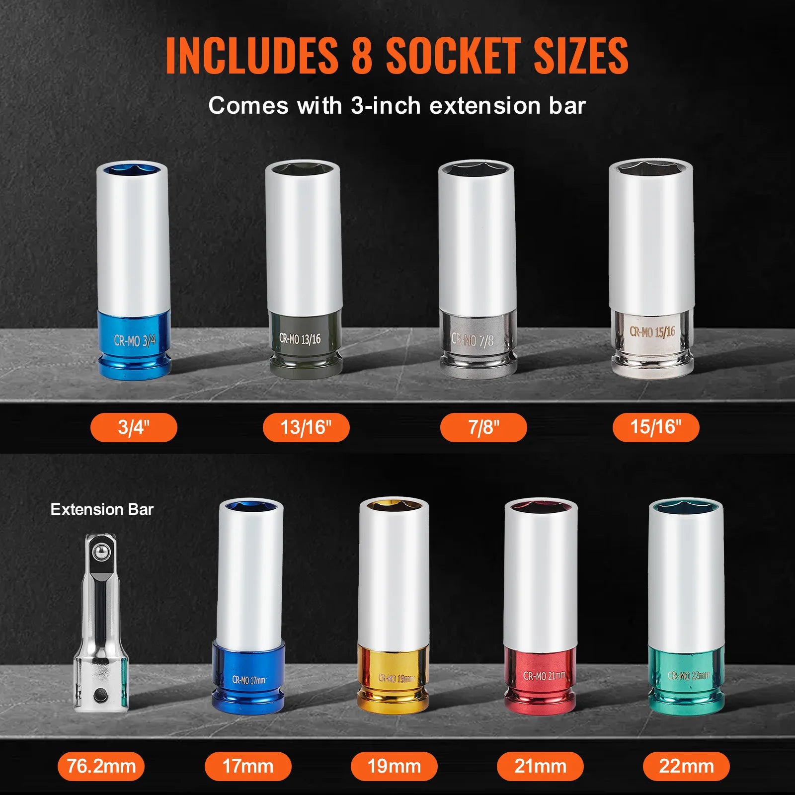 SucceBuy Axle Nut Impact Socket Set Drive Deep 6-Point 8-Piece SAE Spindle Nut Socket Set CR-MO Heat Treated Large Socket Set