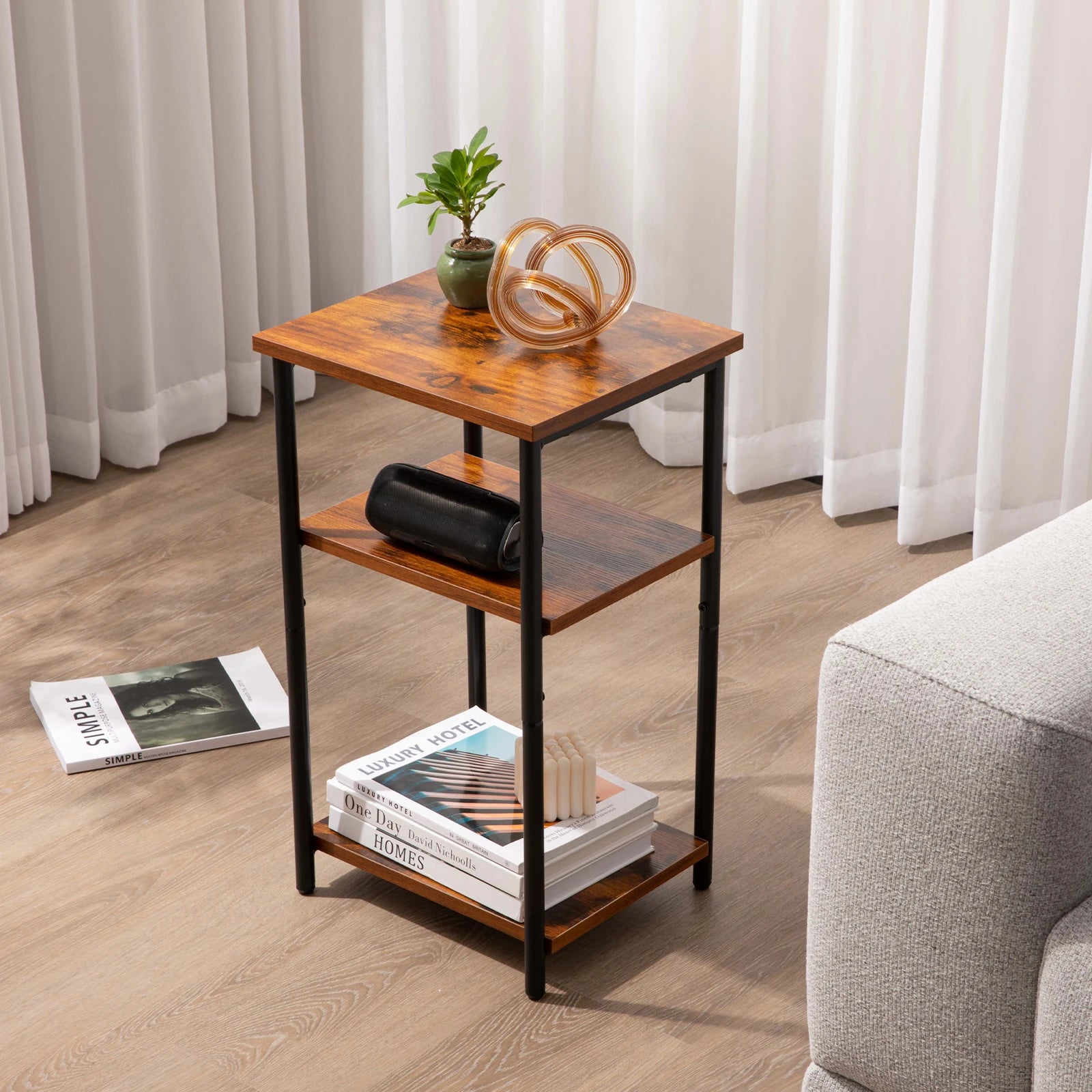 3-Tier Narrow End Table with Storage & Adjustable Feet