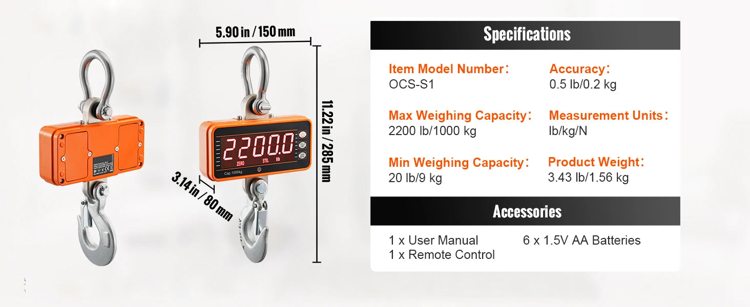 1000kg Digital Crane Scale with Remote & LED Display