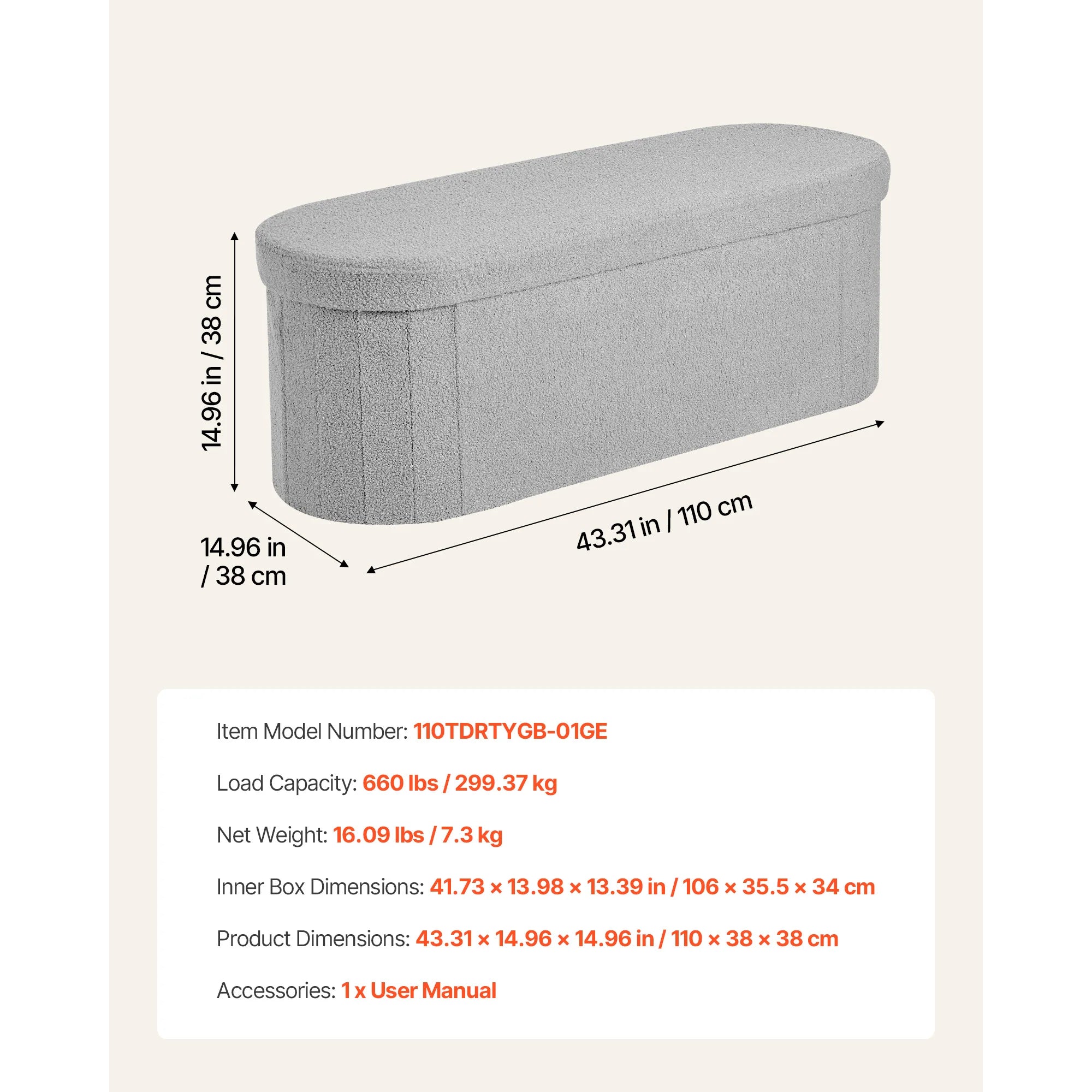 Foldable Storage Ottoman Bench with Hidden Compartments, 660lb Support