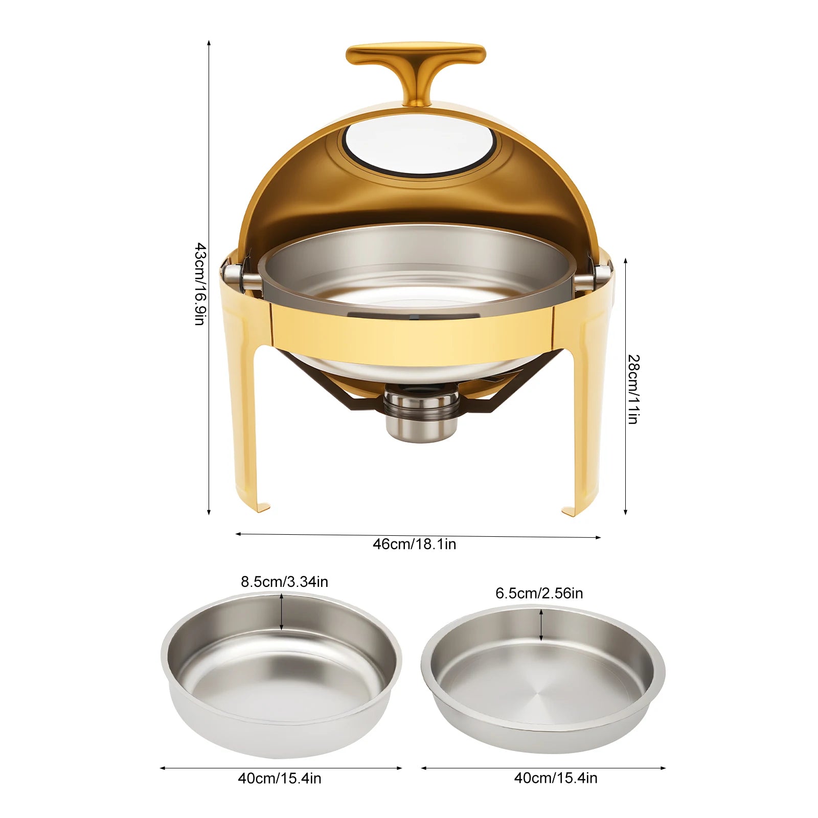Gold Round Roll Top Chafing Dish 6L Stainless Steel Buffet Warmer with Visual Lid