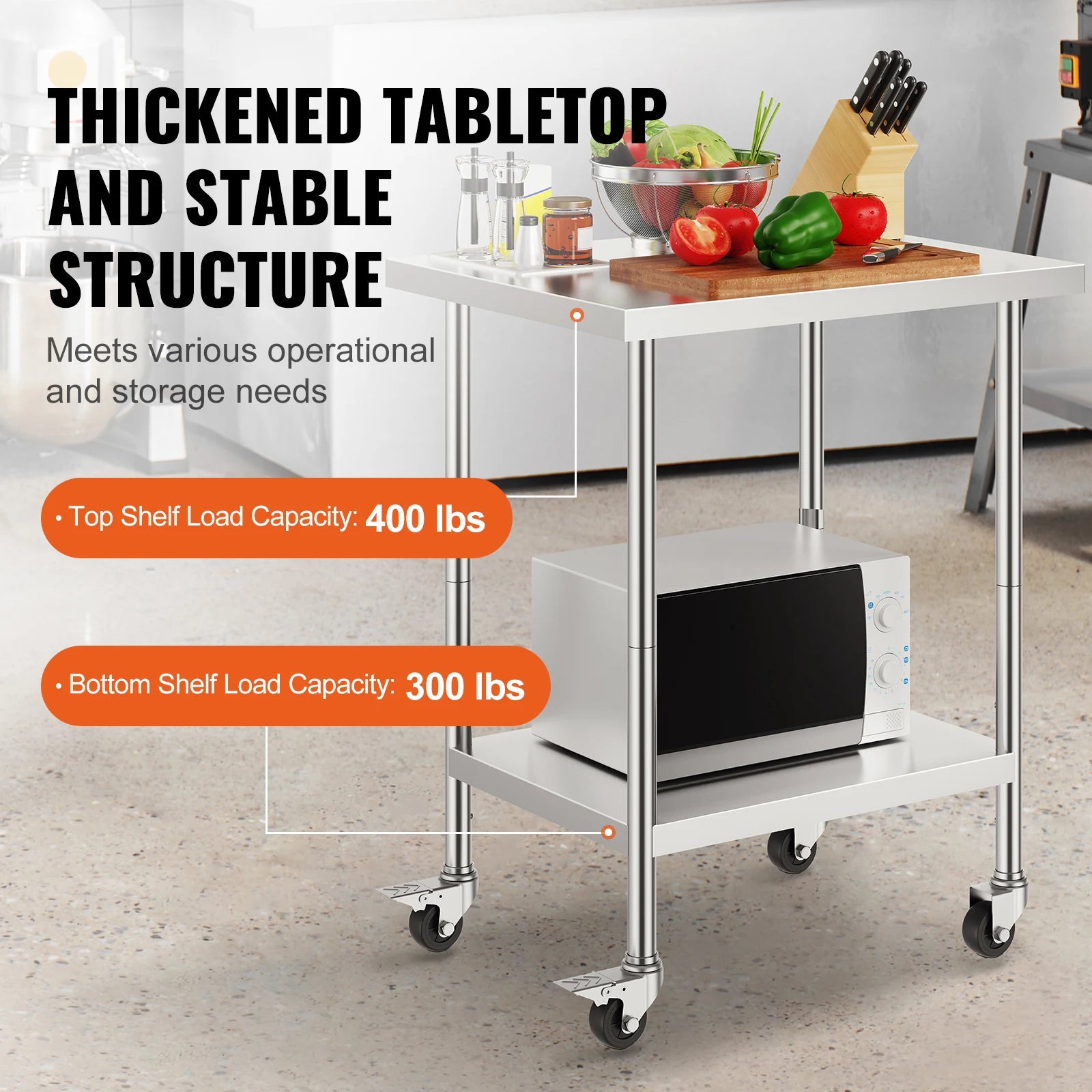 Stainless Steel Work Table with Wheels & Adjustable Shelves