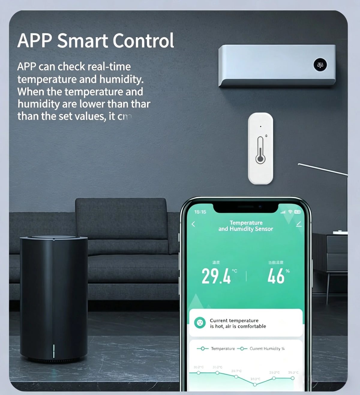 Tuya Temperature and Humidity Sensor with Wi-Fi and Bluetooth Connectivity, Temperature Monitoring and Smart Integration