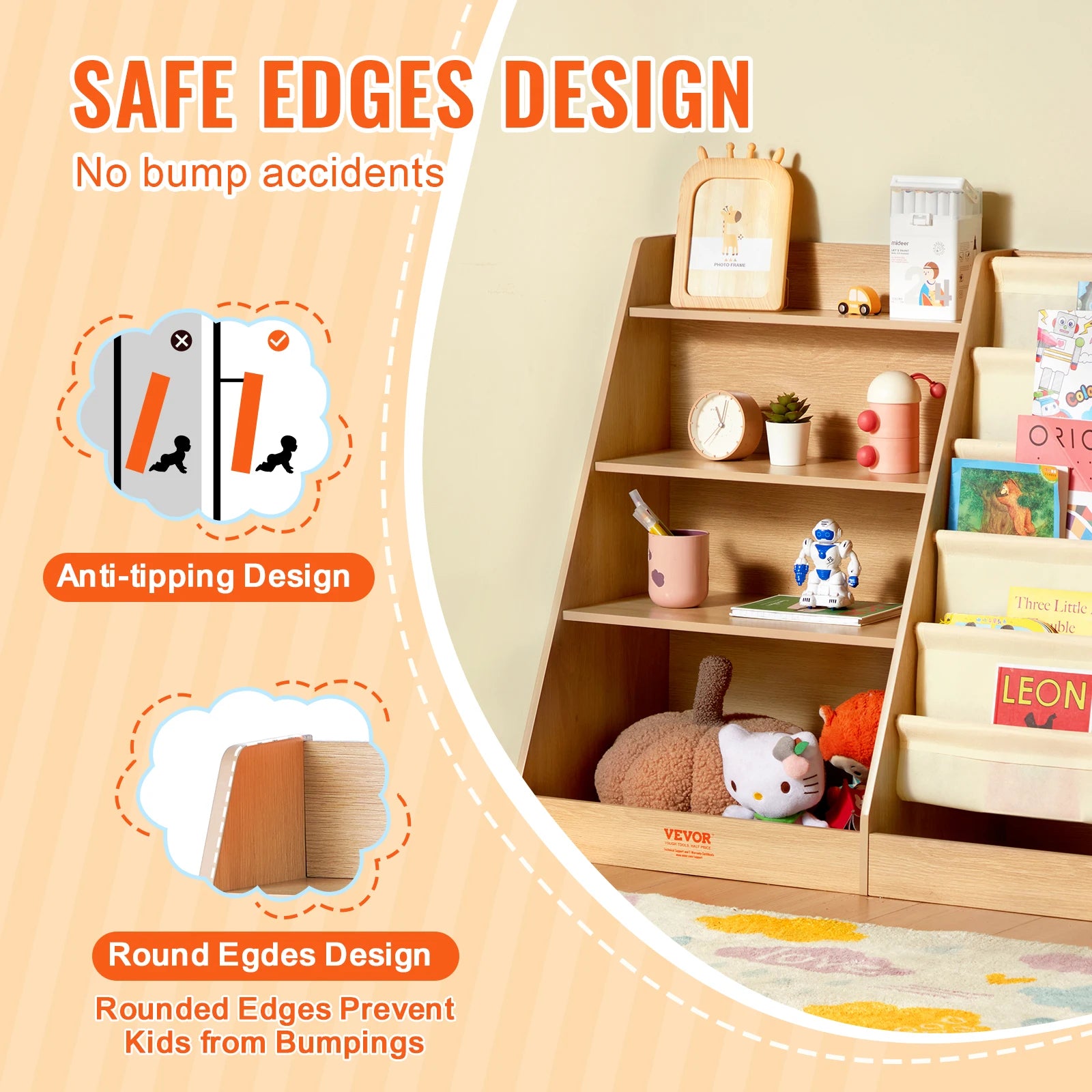 4-Tier Kids Bookshelf with Sling Storage & 10 Compartments