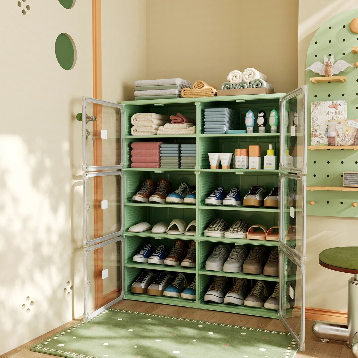 Νarrow Shoe Cabinet Folding Shoe Cabinet With Magnetic Door, Shoe Rack With 6 Doors And 12 Compartments, Shoe Cabinet, For 24 Pairs Of Shoes, 85 X 34 X 108 cm, Plastic Storage Cabinet, For Living Room, Bedroom, Hallway